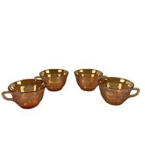 Vintage Iridescent Orange Pressed Glass Teacups Set of 4 Floral 7 oz Cottagecore